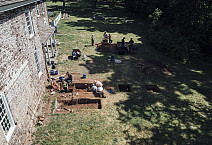 Students and faculty do an archeological dig by the Speakers House in Trappe. July 11, 2024 - Drone Shots