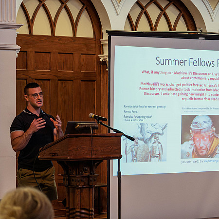 Brian Dresnin '24 presents his Summer Fellows research in Bomberger Hall