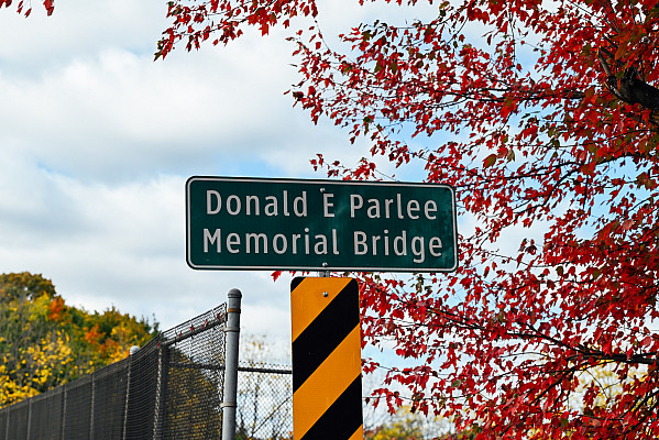 Sign for Donald E. Parlee Memorial Bridge located on route 202, an overpass of state route 611, in Doylestown, Pa.