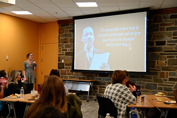 Rev. Jessica Hainley leads a Lunch and Learn discussion during MLK Week 2023.