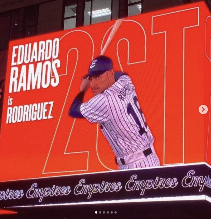 Billboard in New York featuring Eduardo Ramos's role as Rodriguez in Take Me Out (2022)