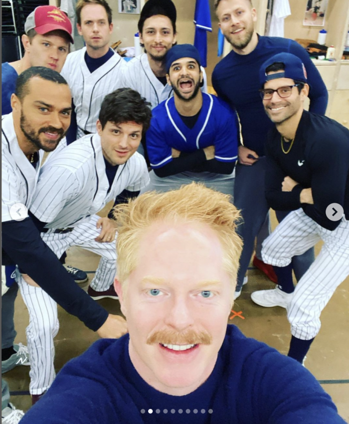 Jesse Tyler Ferguson taking selfie with fellow cast members of Take Me Out.