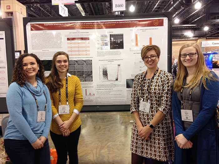 Danielle Uibel ('18), Dorothy Benton ('18), Amanda Otto ('18) with their research mentor, Dr. Rebecca Lyczak