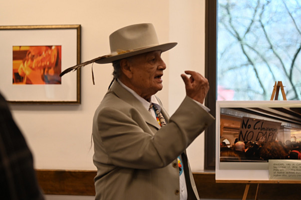 Man speaking at the Delaware Tribe on Indians.