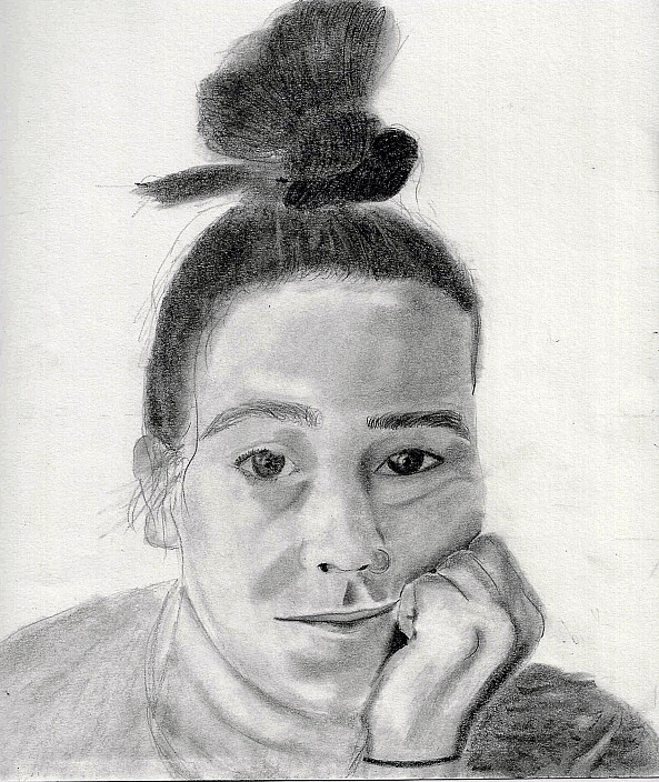 Abigail Krasutsky, Self Portrait 1, 2020. Graphite on paper. 8 1/2 x 11 inches.