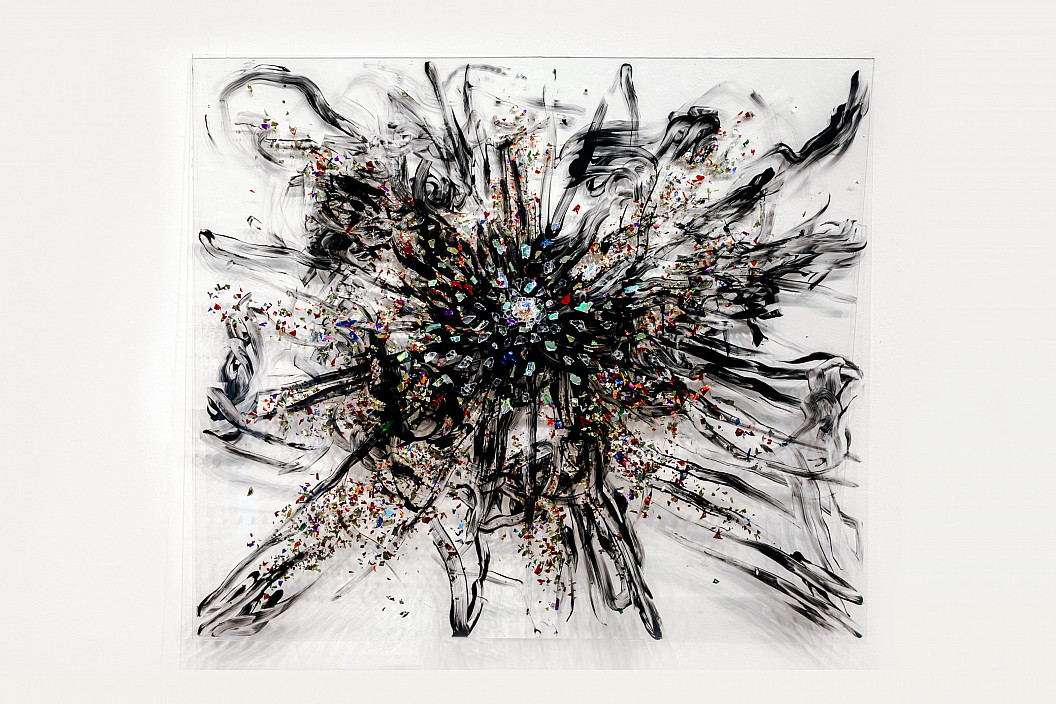 Photograph of an acrylic, confetti, glass on glass panel, called Big Bang, created by Sarah Marchione.