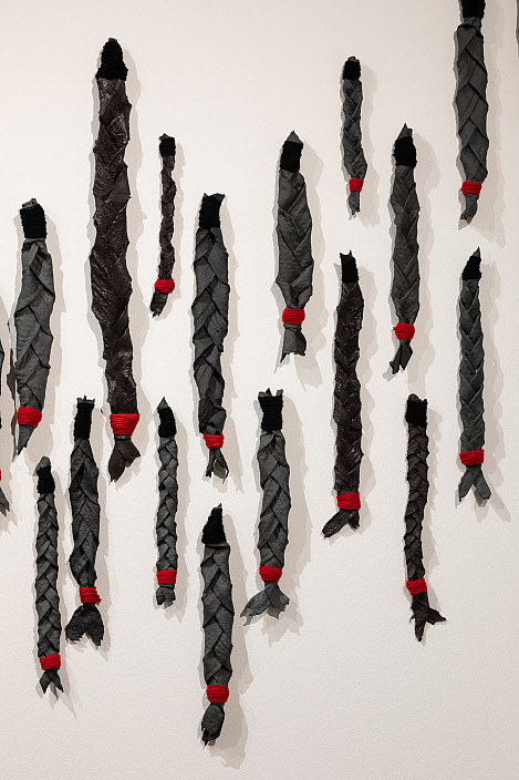 Sahar Tarighi, braids from The Warp and Woof of Freedom series, 2022. As installed in 2024 exhibition ?amaran ش??????: Threads of T...