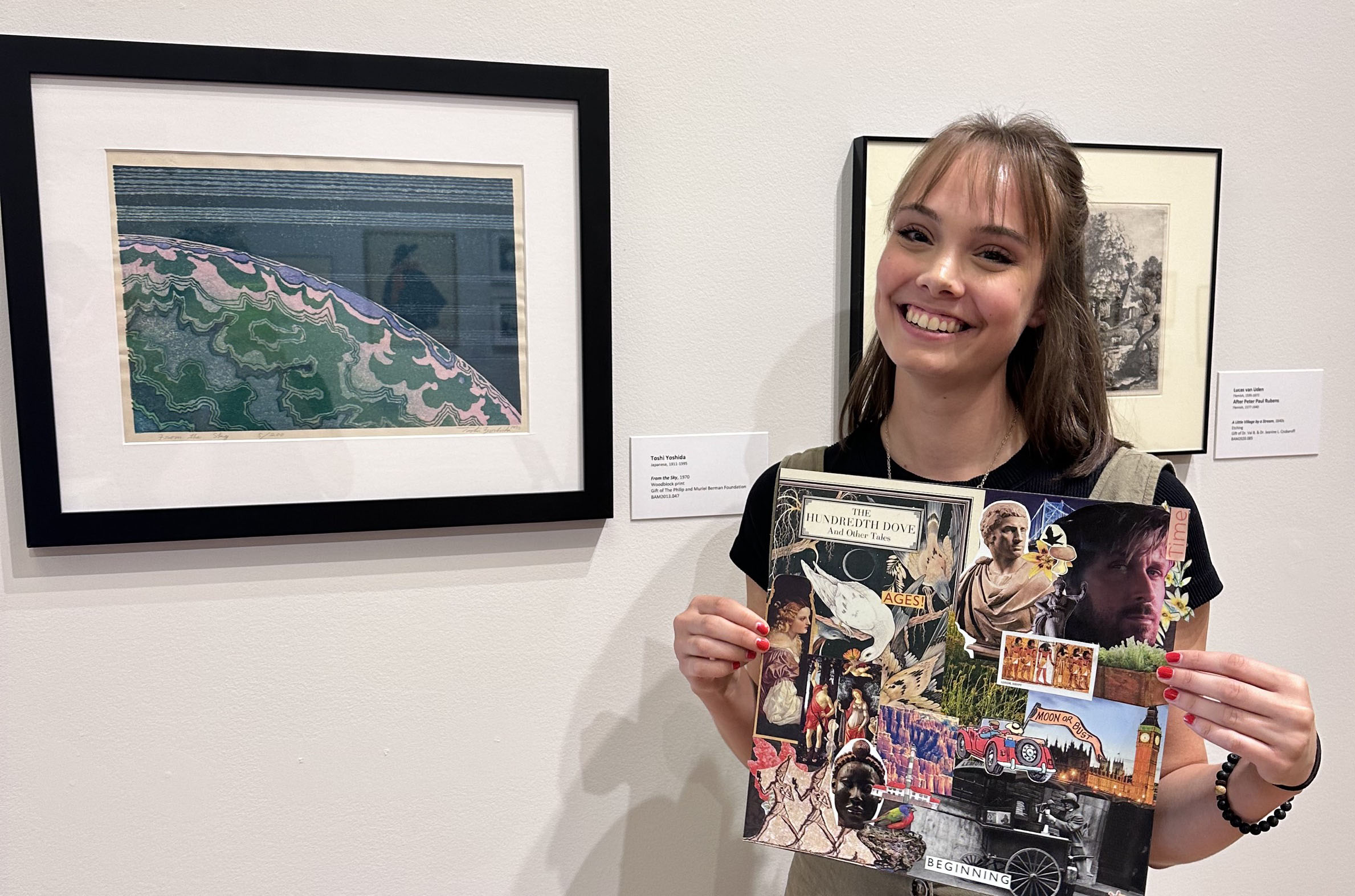 MicrosoftTeams-image 1 Ella Scalese smiling with her collage at a Berman craft event.