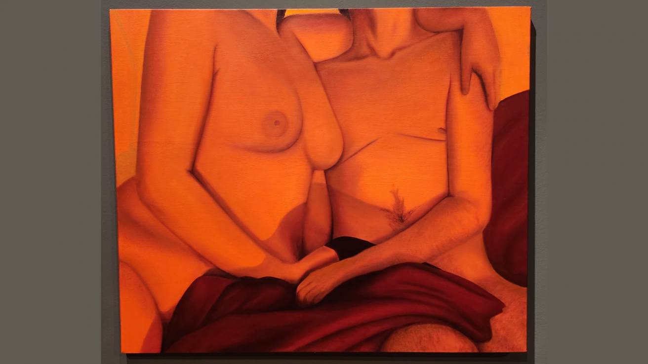 Hayden's Works-3 A couple embracing. Canvas is saturated in a bright orange color.