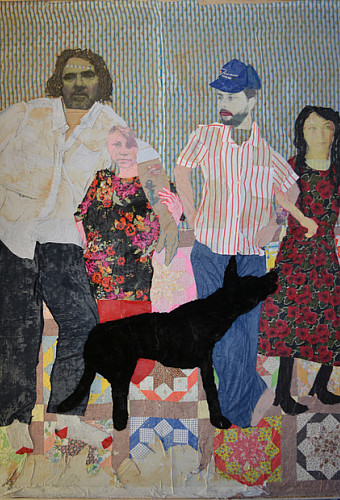 Seneca Weintraut. Farewell to Gun Club, 2014. Quilt, clothing, fabric, yarn, faux fur, printed fabric, paint pen, oil, acrylic, wallpap...
