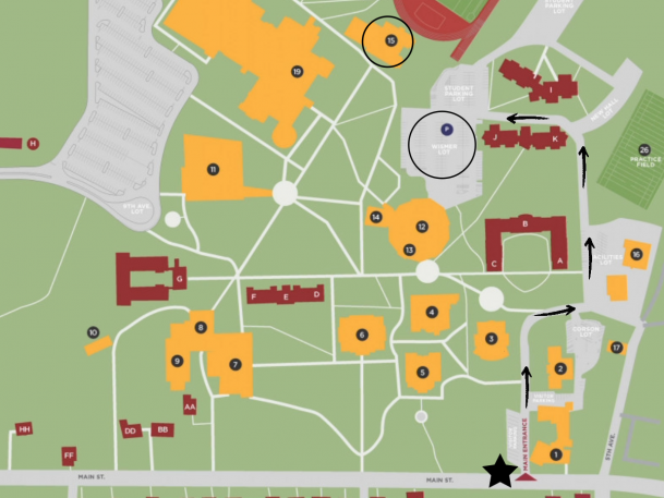 Ursinus College campus map with arrows to the Wismer lot for events at Ritter.