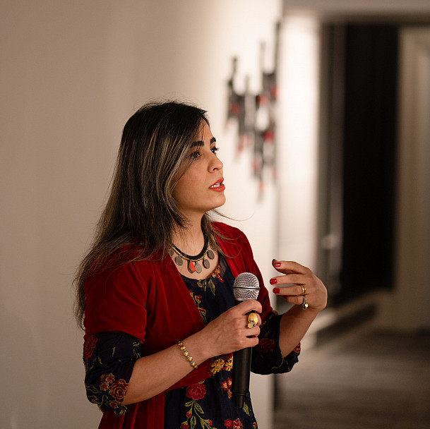 Sahar Tarighi speaking at her exhibition opening at the Berman.