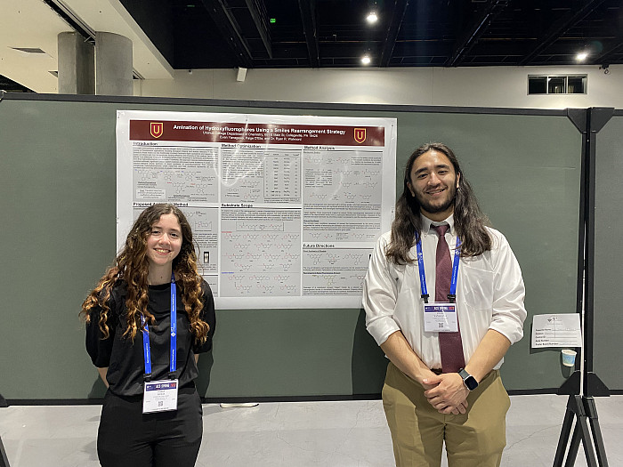 PaigeEvanACSPoster22: Paige D'Elia (CHEM '22) and Evan Yanagawa (CHEM '22) presenting their poster in the organic division at the Spring ...