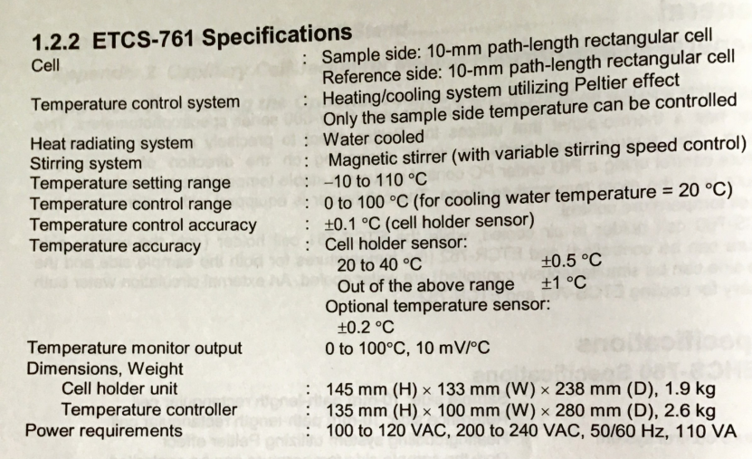 Information on ETCS-761 specs for the JASCO V-760 UV-VIS-NIR Molecular Absorption Spectrometer
