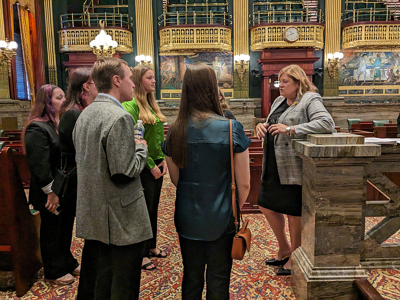 Students with interests in just and sustainable societies meet with legislators in Harrisburg.