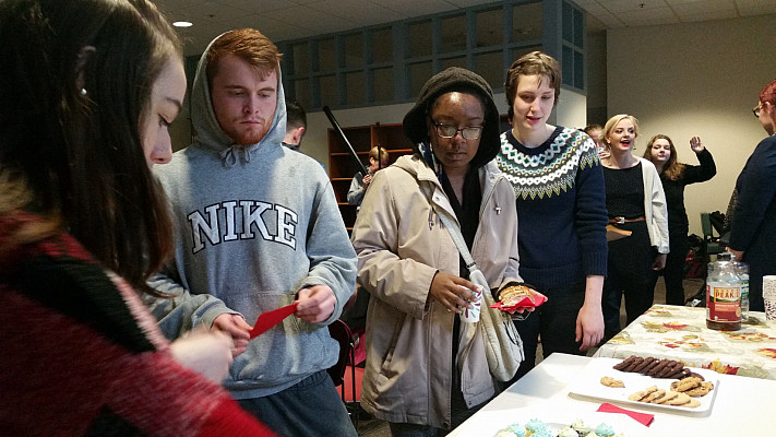 Readers and guests enjoy snacks! (L-R: Matt Sherman, Joy Jones, & Mara Koren)