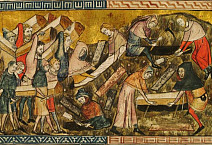 Citizens of Tournai bury their plague dead. Pierart dou Tielt, manuscript illumination in the Tractatus quartus bu Gilles li Muis...