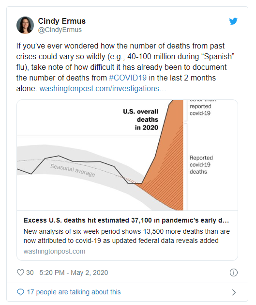    Cindy Ermus (@CindyErmus), If you've ever wondered how the number of deaths from past crises could vary so wildly, Twitter, May 2...