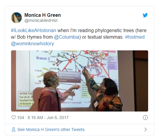    Monica H. Green (@monicaMedHist), #ILookLikeAHistorian when I'm reading phylogenetic trees, Twitter, June 6, 2017, 8:16 a.m., htt...