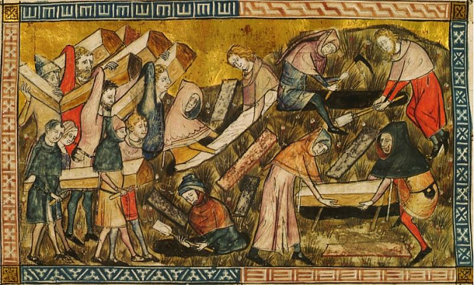 Citizens of Tournai bury their plague dead. Pierart dou Tielt, manuscript illumination in the Tractatus quartus bu Gilles li Muis...