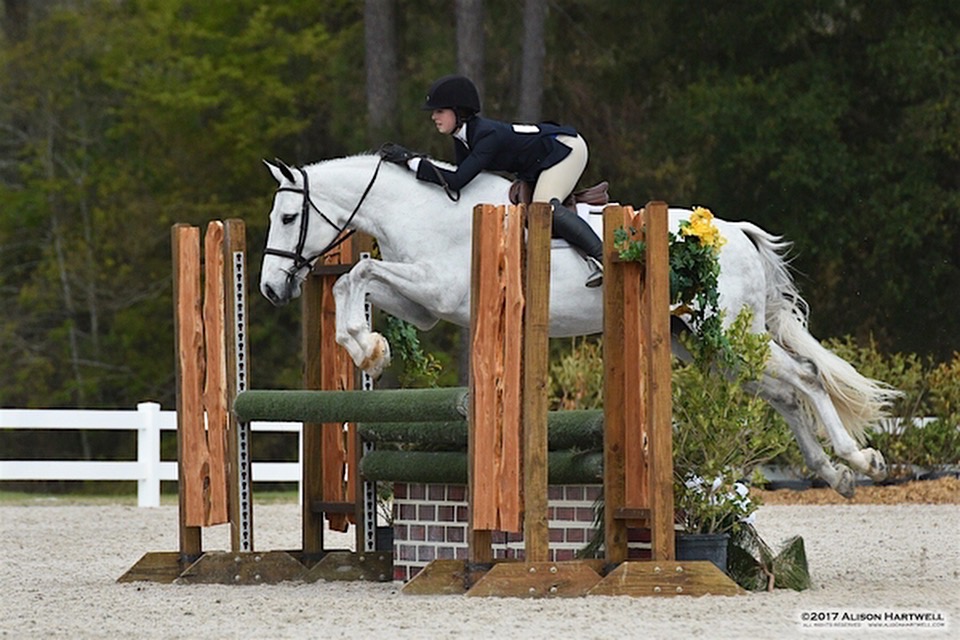 Neva successfully rides over an obstacle.