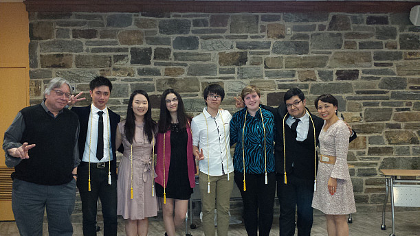 Japanese faculty join in celebration of new Japanese inductees (from left, Prof. Mizenko, Shichao Li, Kyung Son, Veronica Fried, Jie Lin, Solana Warner, and Rosendo Lopez-Duran, Prof. Tanaka)