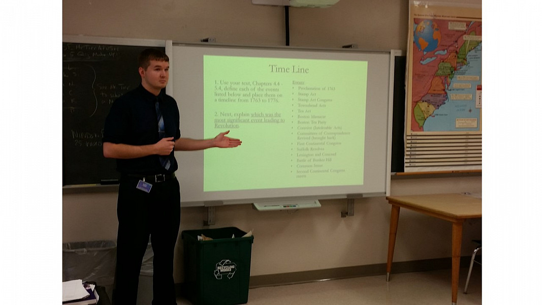 Brady Keener '15 (student teaching ninth semester) teaching Social Studies in the Spring-Ford School District.