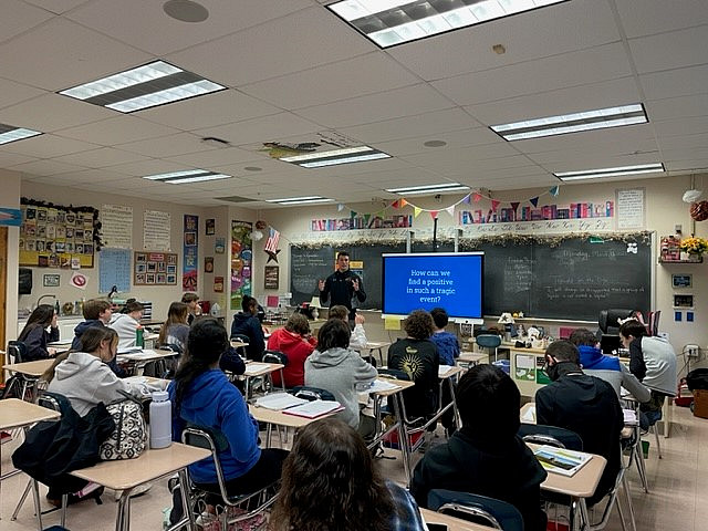 Ryan Savage '23 student teaching English in Spring-Ford Area School District's 8th Grade Center.