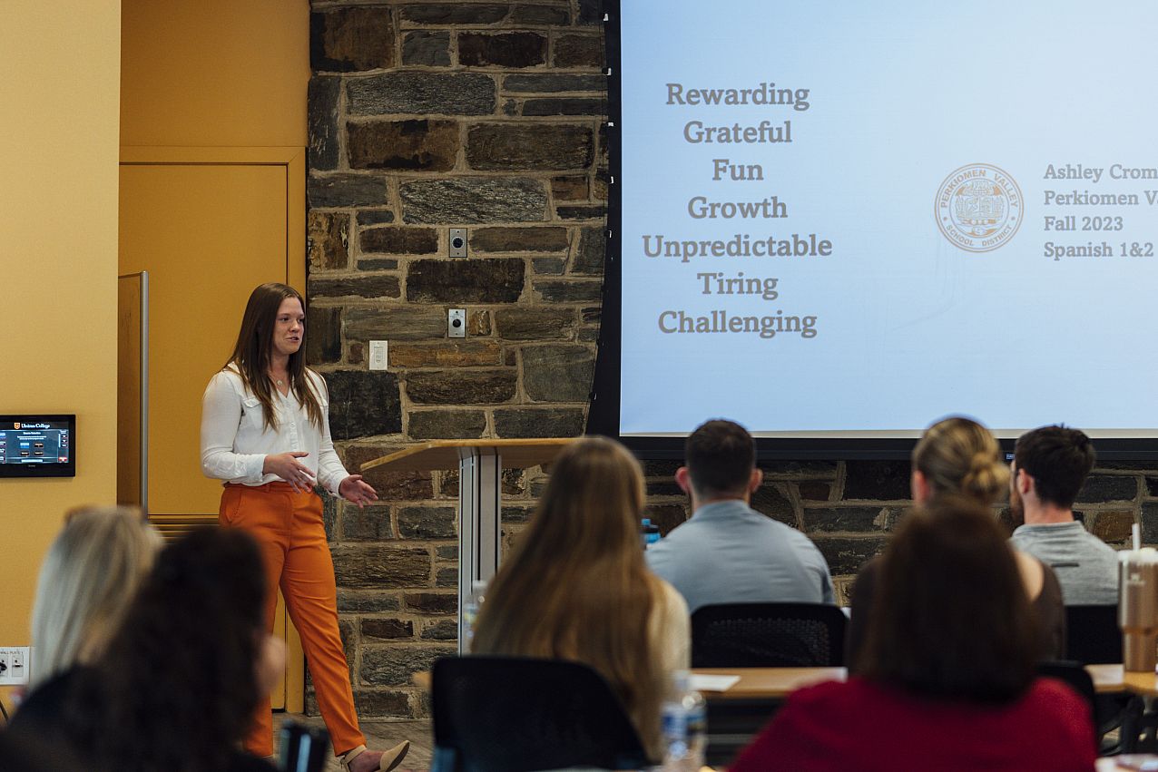 Each spring, Education students at Ursinus give presentations about their student teaching in the Bears Den. Ashley Cromer shared her exp...