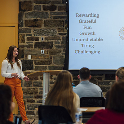 Each spring, Education students at Ursinus give presentations about their student teaching in the Bears Den. Ashley Cromer shared her exp...