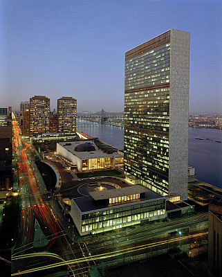 A view of the Headquarters of the United Nations in New York at sunset.