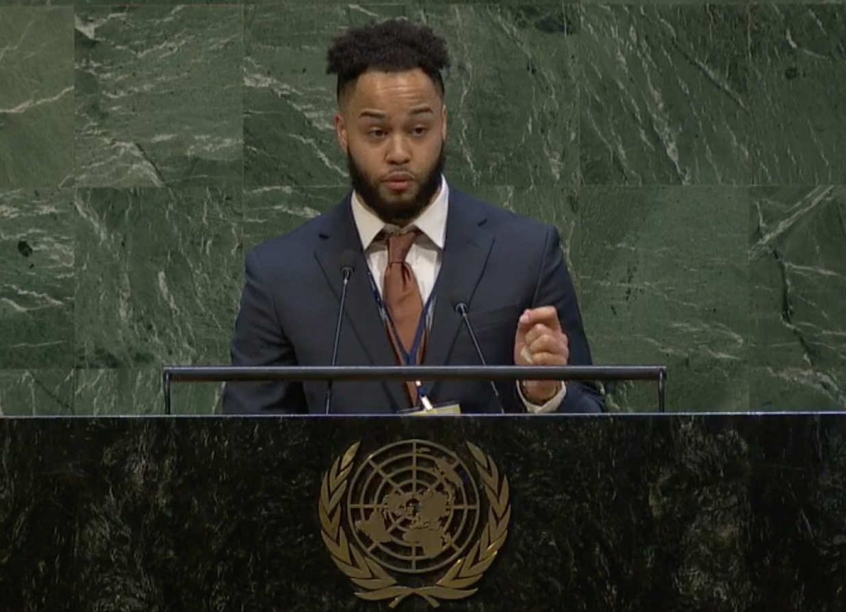 Marcus Mattis speaks in the UN General Assembly Hall