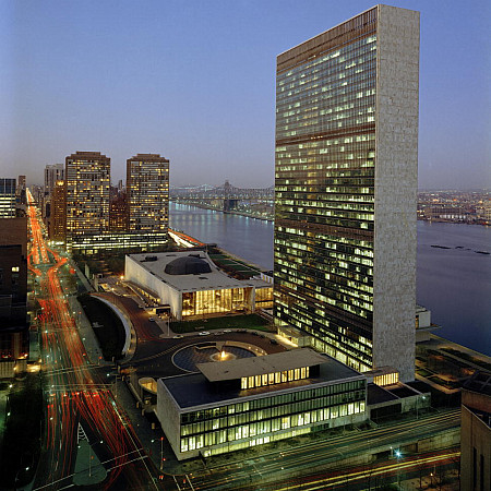 A view of the Headquarters of the United Nations in New York at sunset.