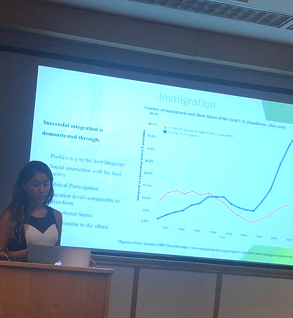 Roumaissaa Tailassane discussing her research on immigration policy