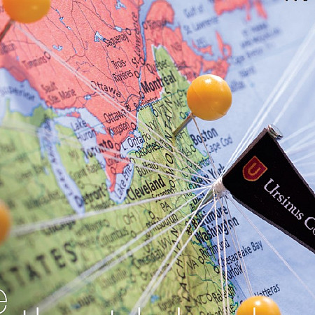 ursinus pennant on map from magazine cover 001 Close up on the United States map with Ursinus College Flag on map indicating location.