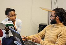 Edward Onaci, Assistant Professor of History discusses talks with Rachel Carter '18 during his class on colonialism in Kenya.