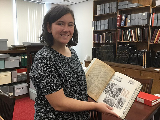 Shelby Bryant '18 looks through the Ursinus College archives for Bears Make History.