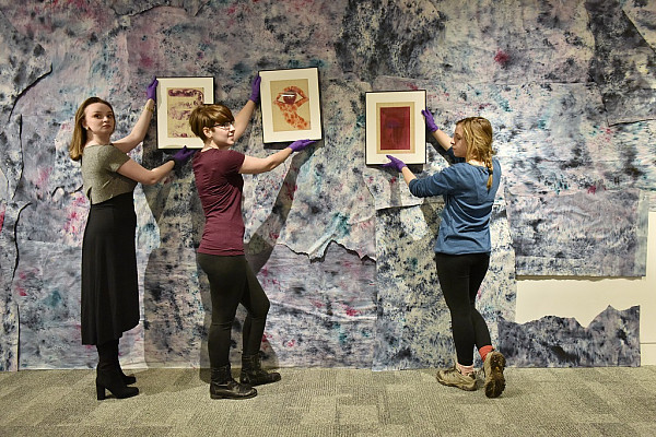 Students in a museum studies course curate an exhibition in 2017.