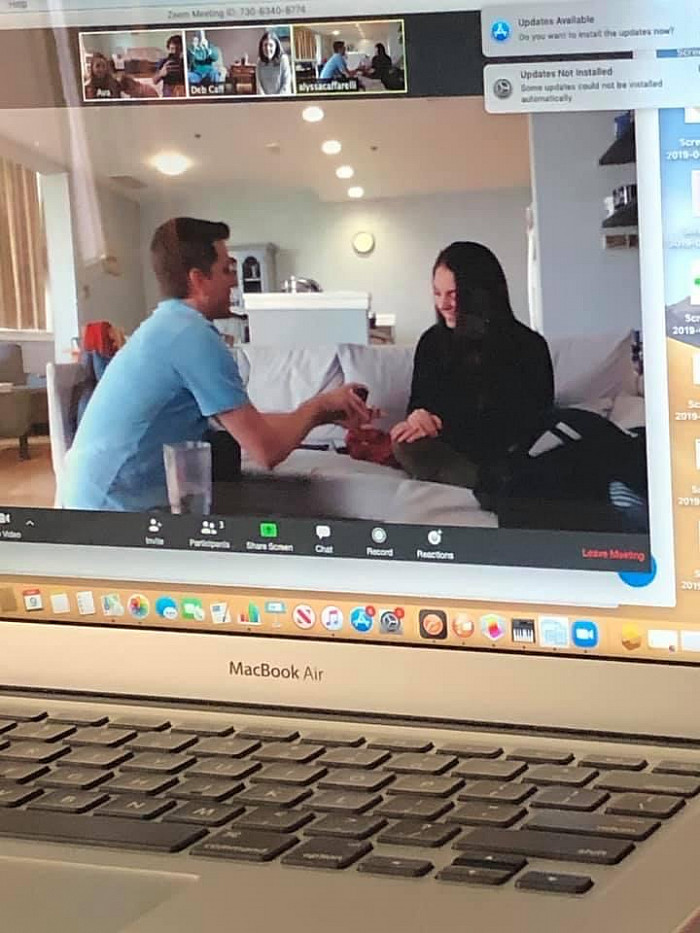 Sean Murphy proposes to Alyssa Caffarelli during a Zoom call with their families.