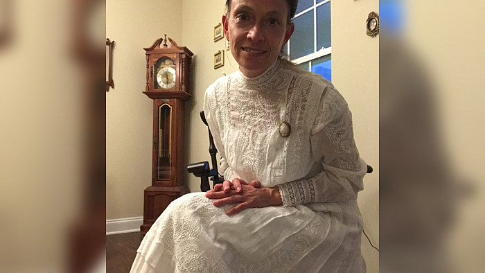 Holly Hubbs in c. 1900 white cotton tea gown