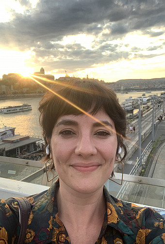 On the Erzsébet híd, or Elizabeth bridge, that connects Buda and Pest (Budapest) over the Danube River. Hungary, summer 2023.