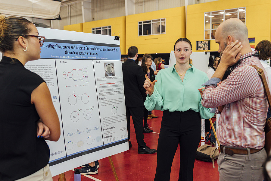 Erin Stubbs '25 and Nalia Seibert '24 present their research findings on neurodegenerative diseases at the 2024 Celebration of Stude...